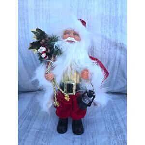 Vintage Santa Claus Holiday Figurine Red Velvet Coat Faux Fur Trim 14" Tall